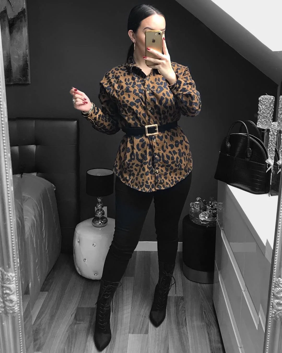 fall outfits with leggings and boots 2026 Leopard Print And Black Lace-Up Boots