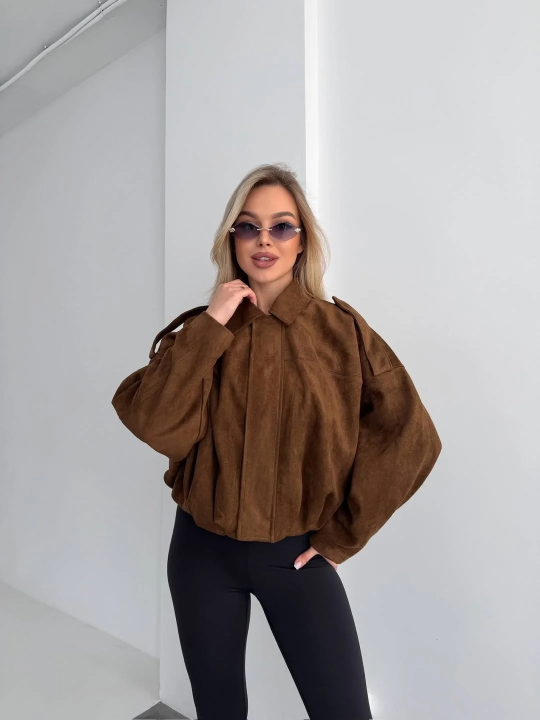 fall outfits with leggings and boots 2026 Brown Suede Jacket And Minimalist Leggings