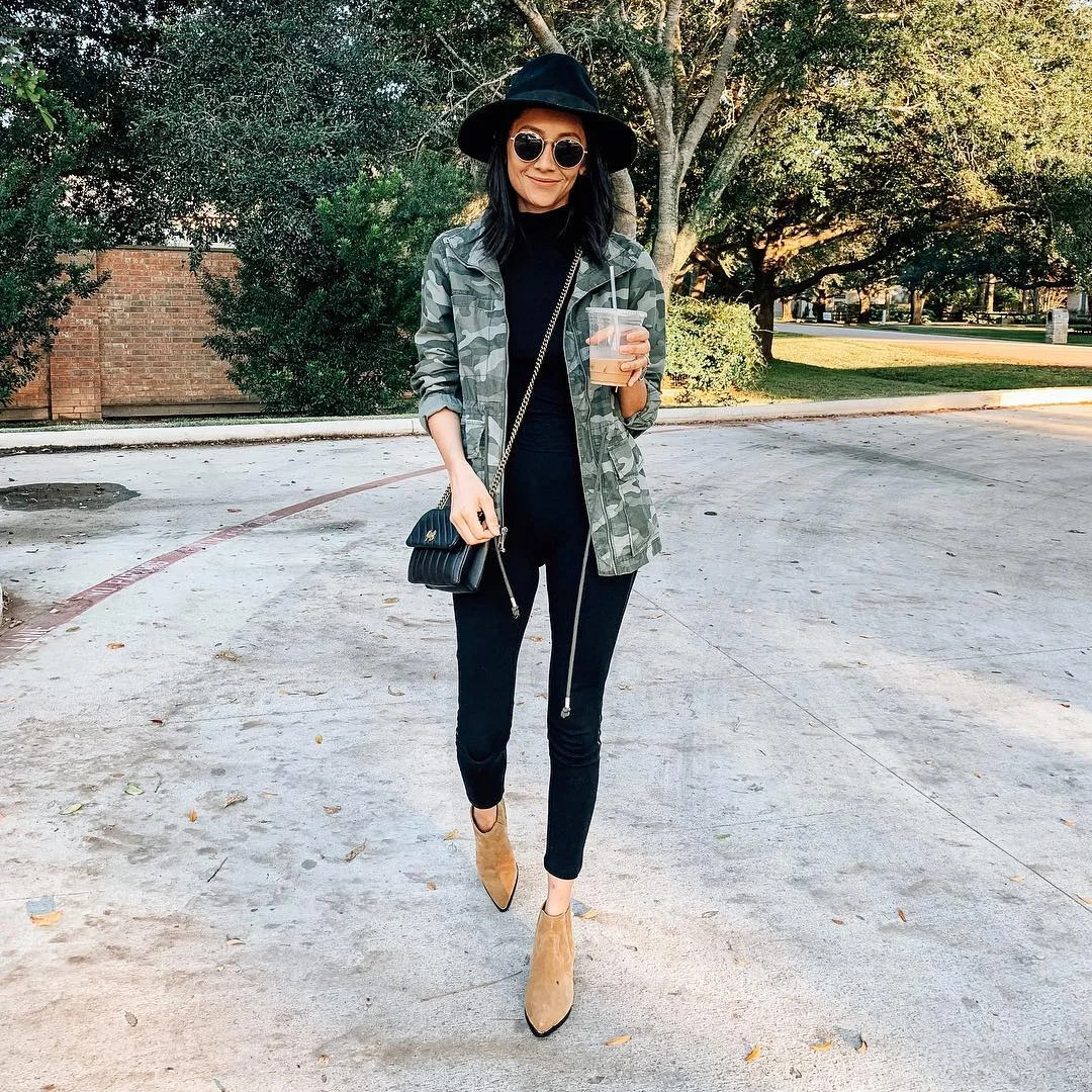 fall outfits with leggings and boots 2026 Casual Camo Jacket With Ankle Boot Energy