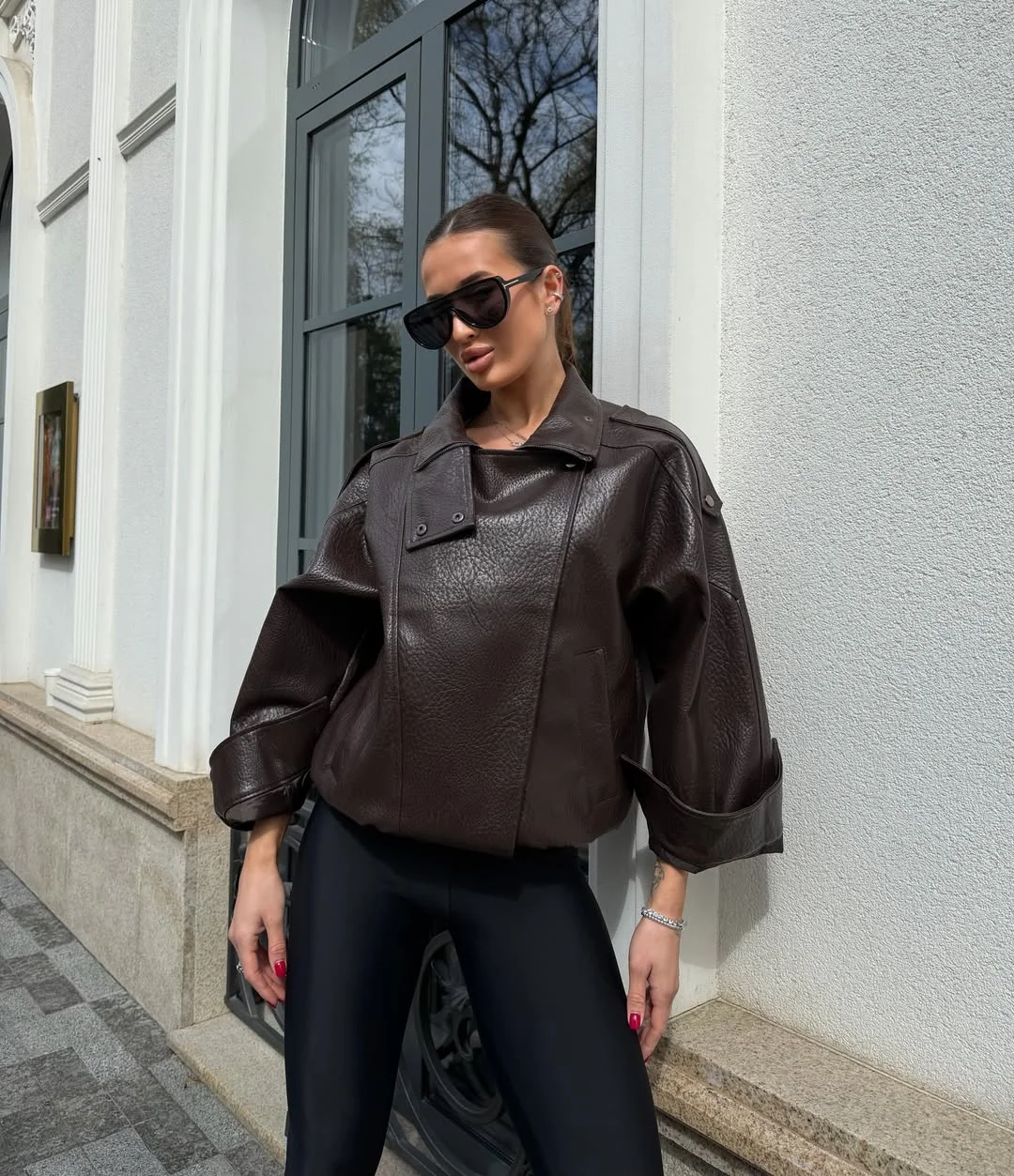 fall outfits with leggings and boots 2026 Dark Chocolate Leather And Modern Leggings