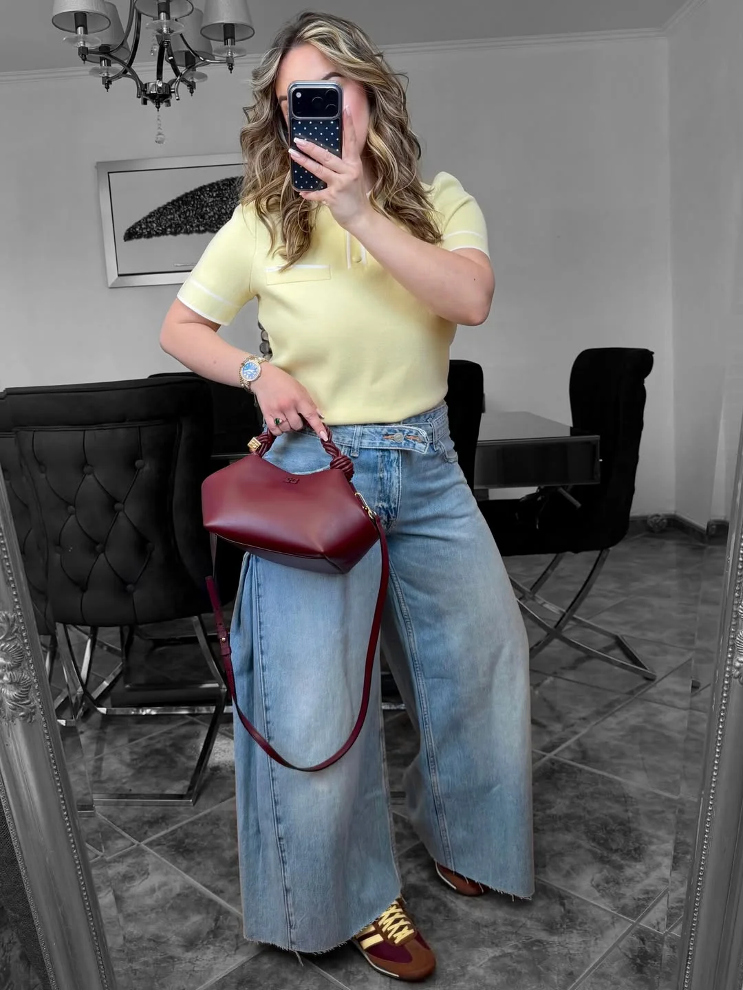 fall outfits with sneakers and jeans 2026 Butter Yellow Knit and Wide-Leg Denim for Early Fall Days