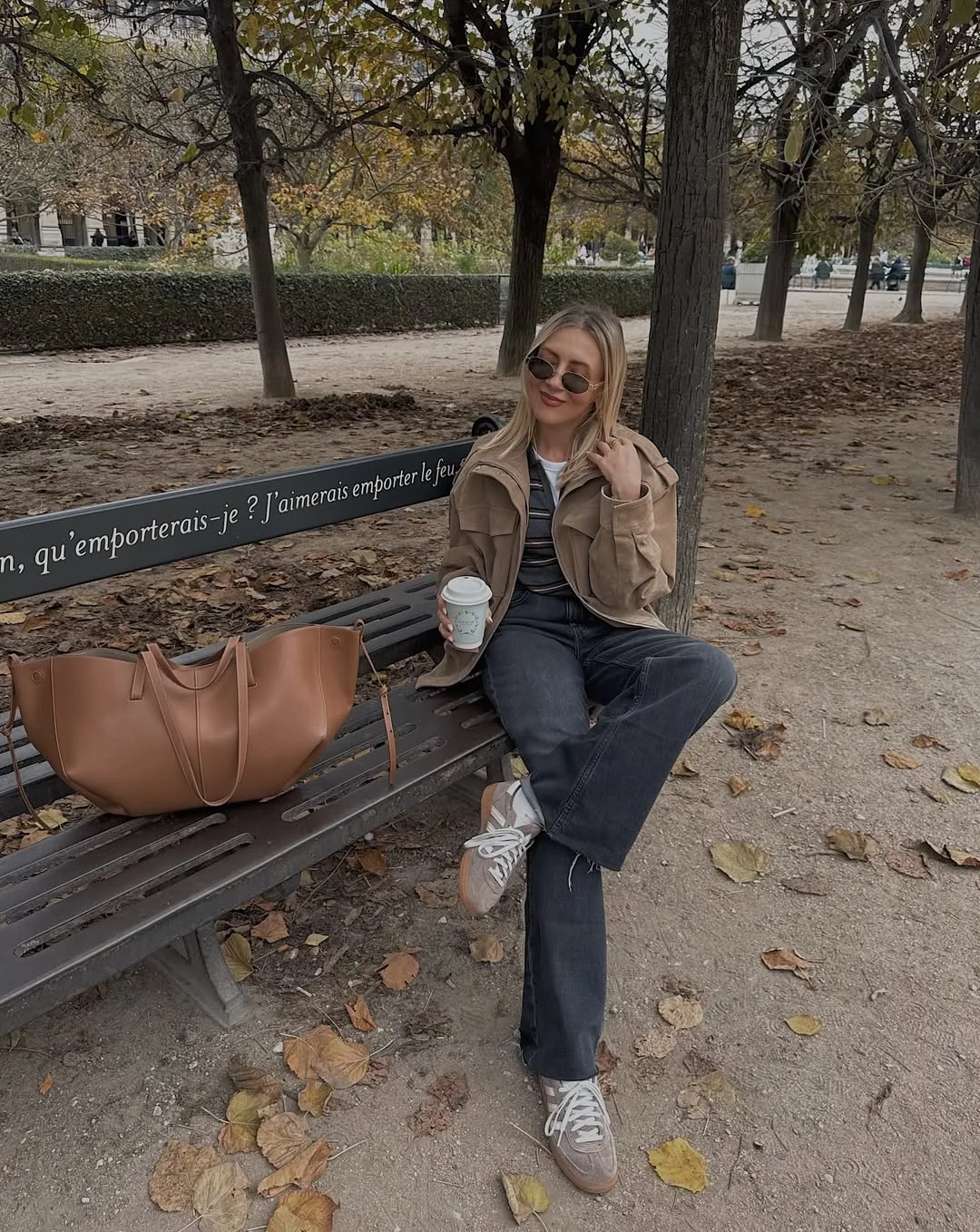 fall outfits with sneakers and jeans 2026 Dark-Wash Denim and Camel Layers for a Cozy Park Day