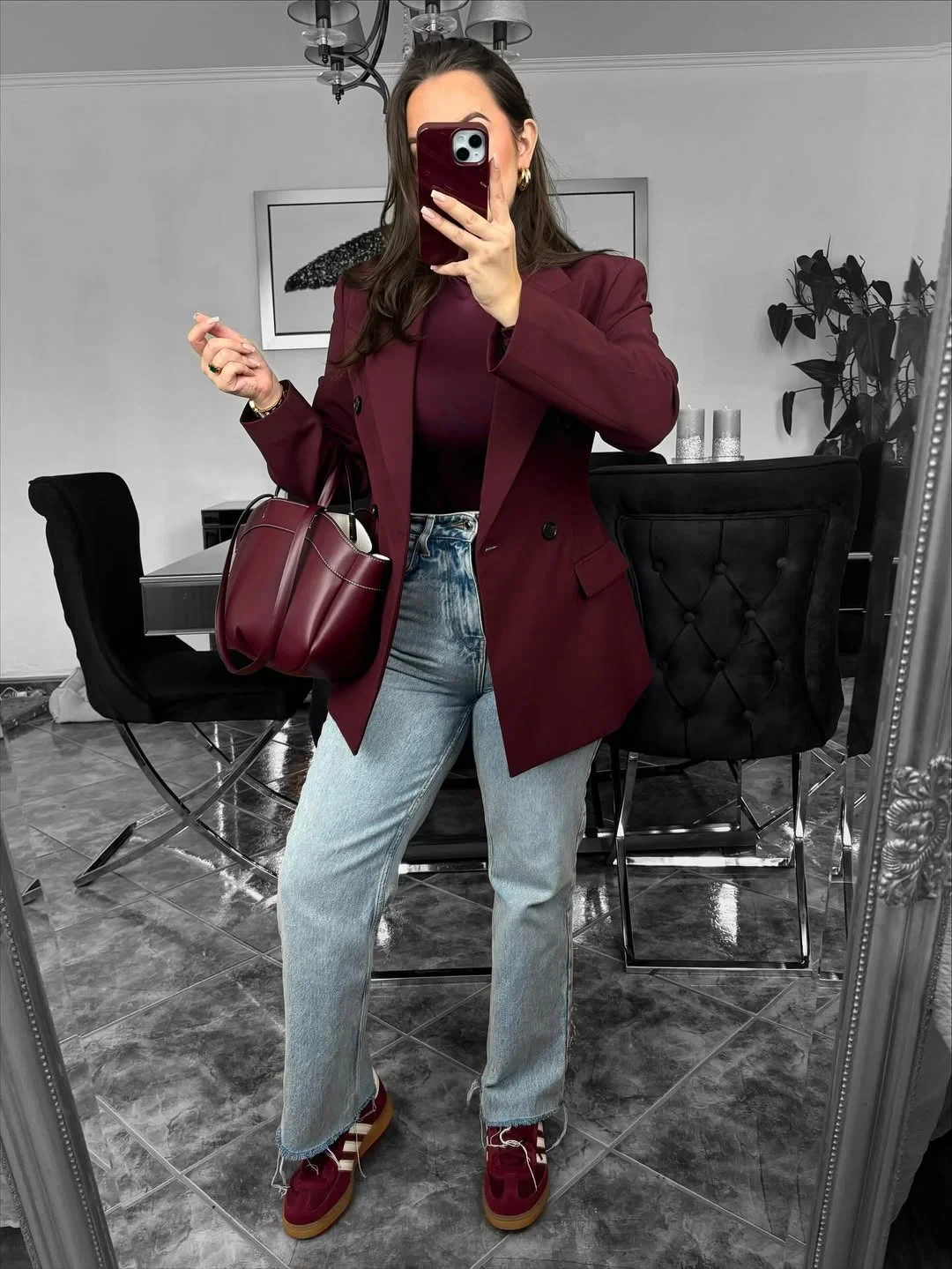 fall outfits with sneakers and jeans 2026 Burgundy Tailoring Paired with Relaxed Denim and Sneakers
