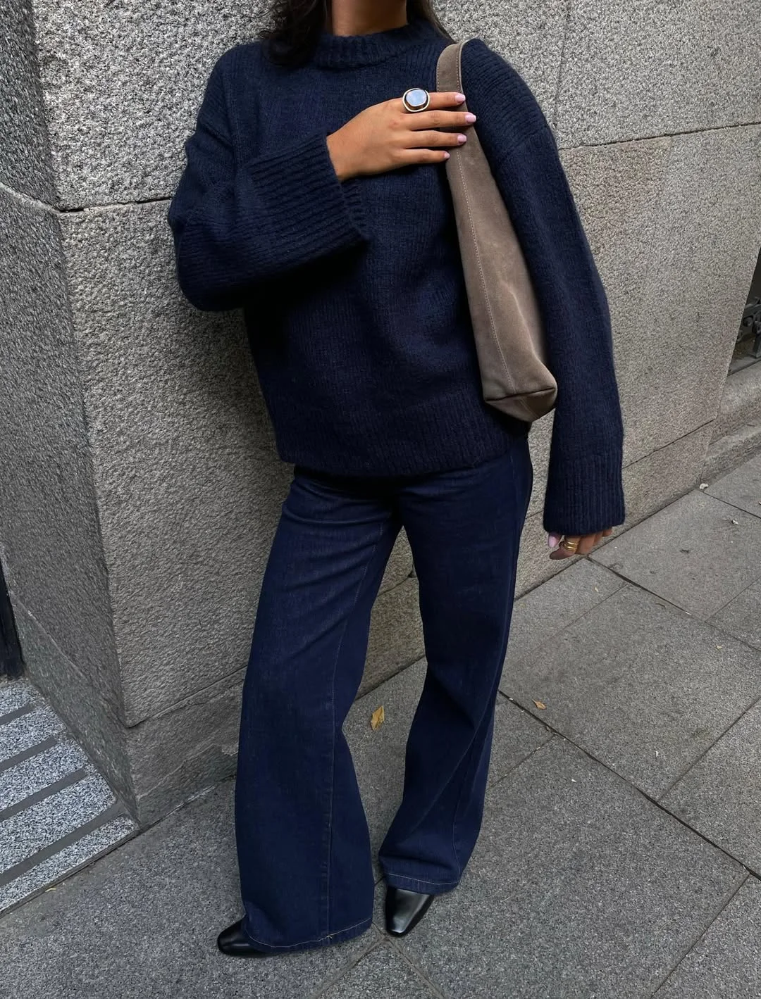 fall outfits with sweater 2026 Dark Navy Knit and Wide-Leg Denim for Everyday Elegance