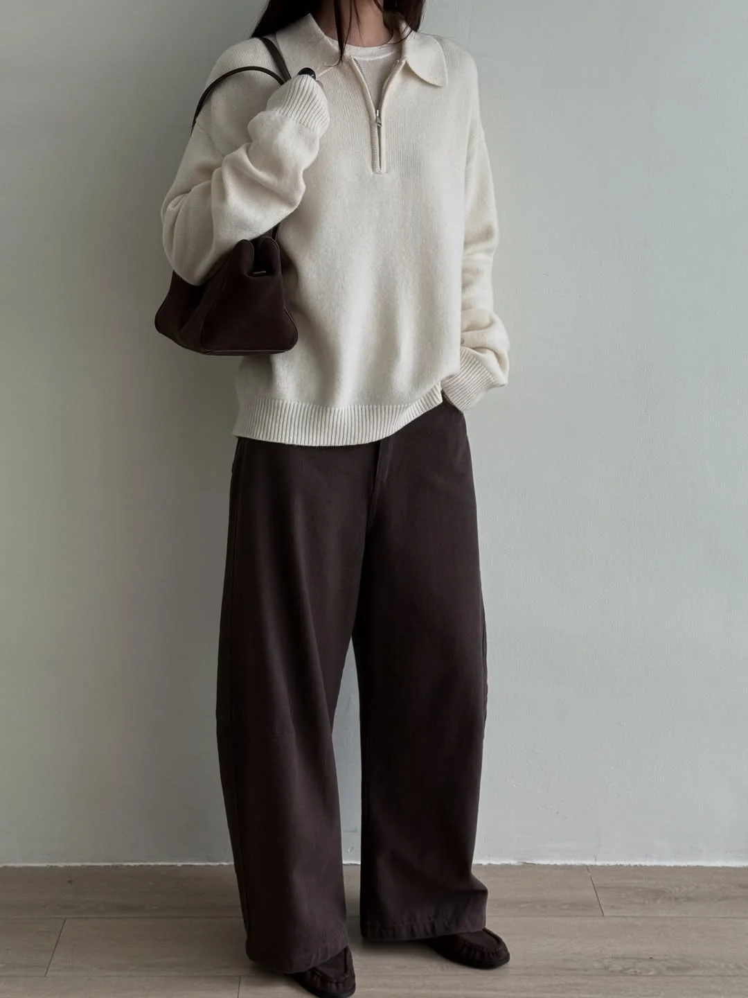 fall outfits with sweater 2026 Minimal Cream Zip-Collar Sweater with Rich Chocolate Trousers