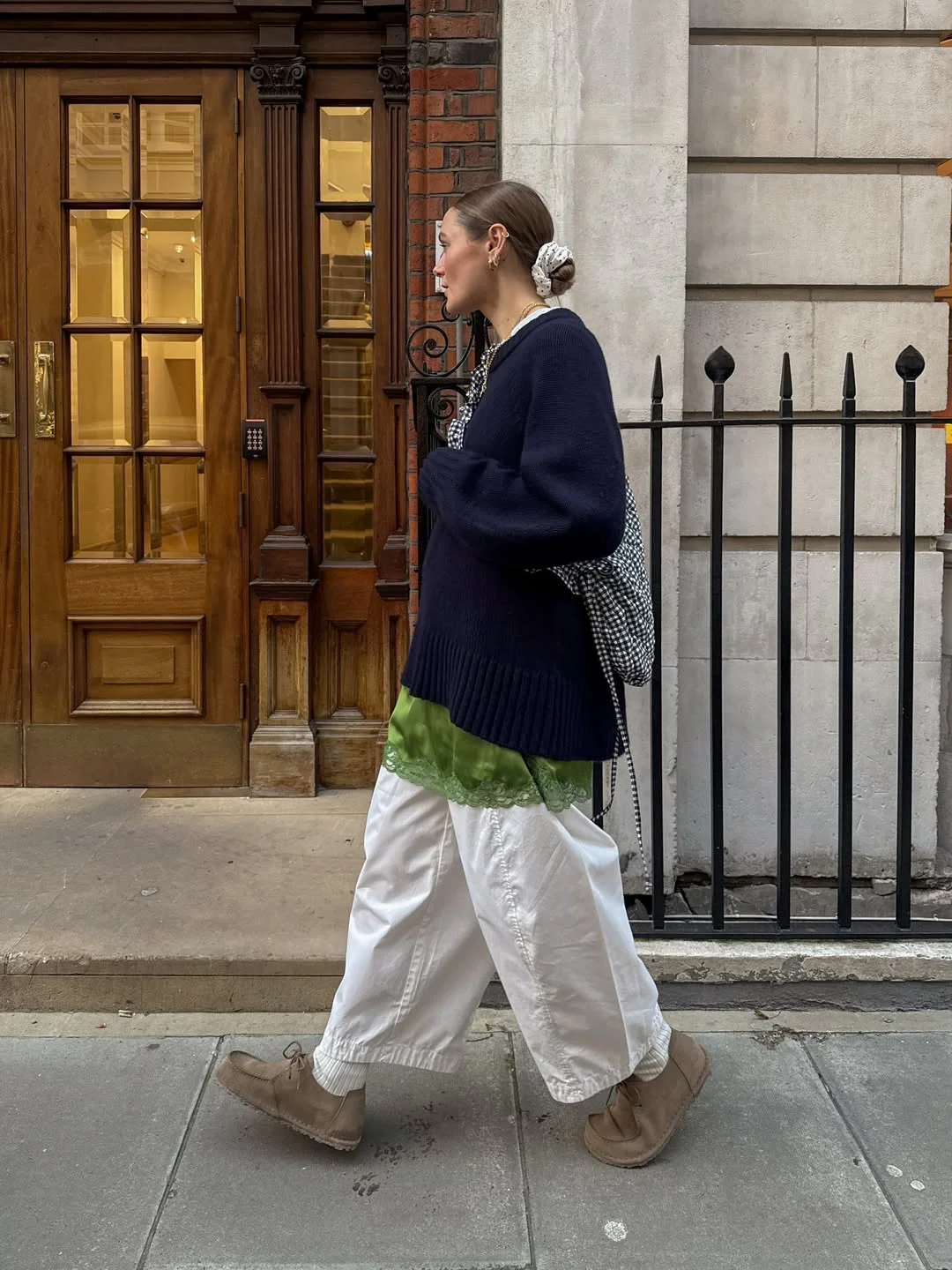 fall outfits with sweater 2026 Layered Navy Sweater with Green Lace and Wide White Pants
