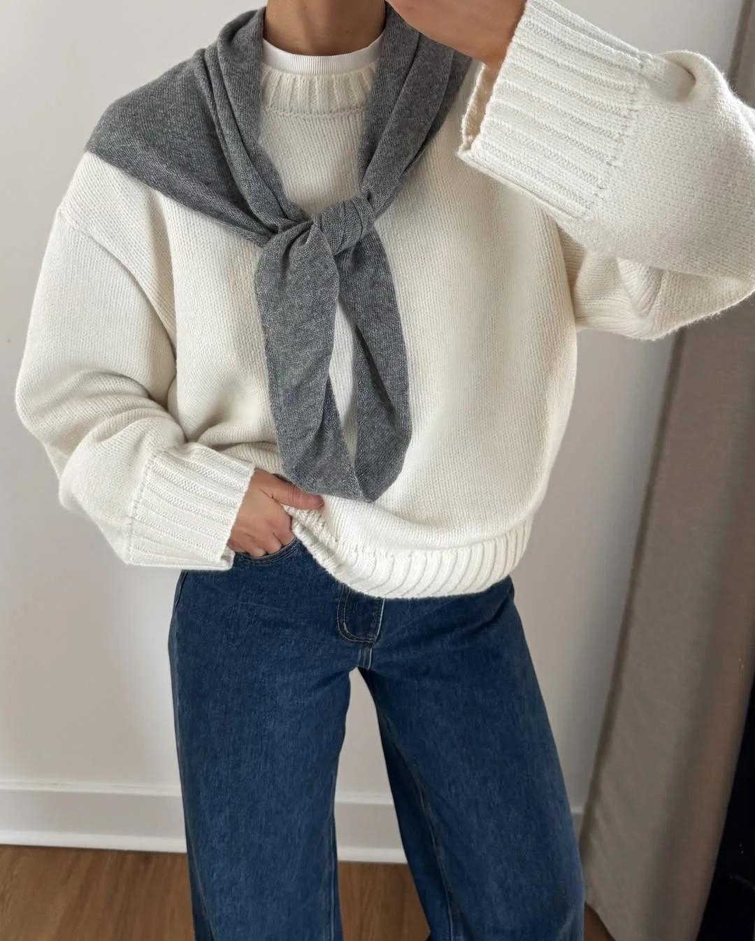 fall outfits with sweater 2026 Classic White Knit and Denim That Never Goes Out of Style