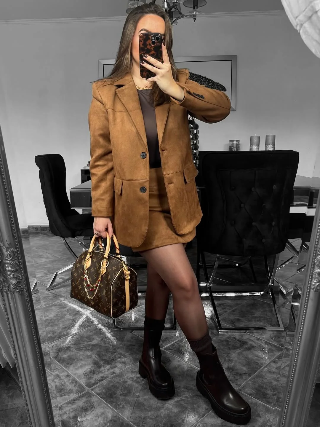 fall outfits with tights and skirt 2026 Rich Caramel Tailoring With a Modern Mini Skirt
