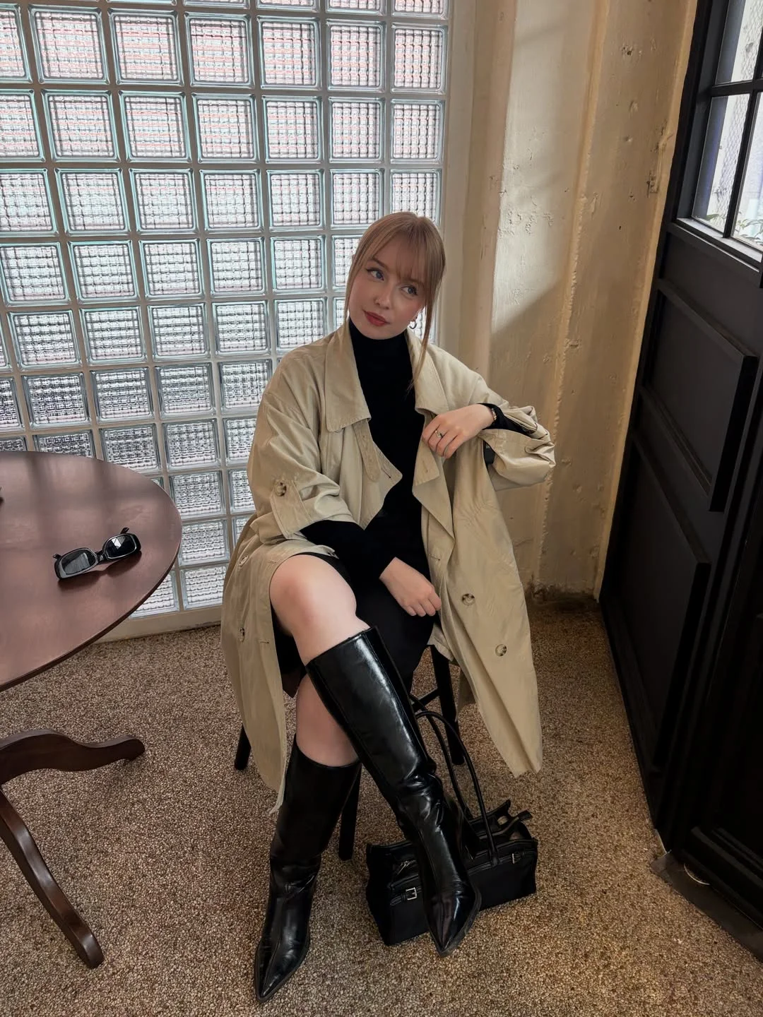 fall outfits with tights and skirt 2026 Classic Trench Layers With Black Tights and Tall Boots