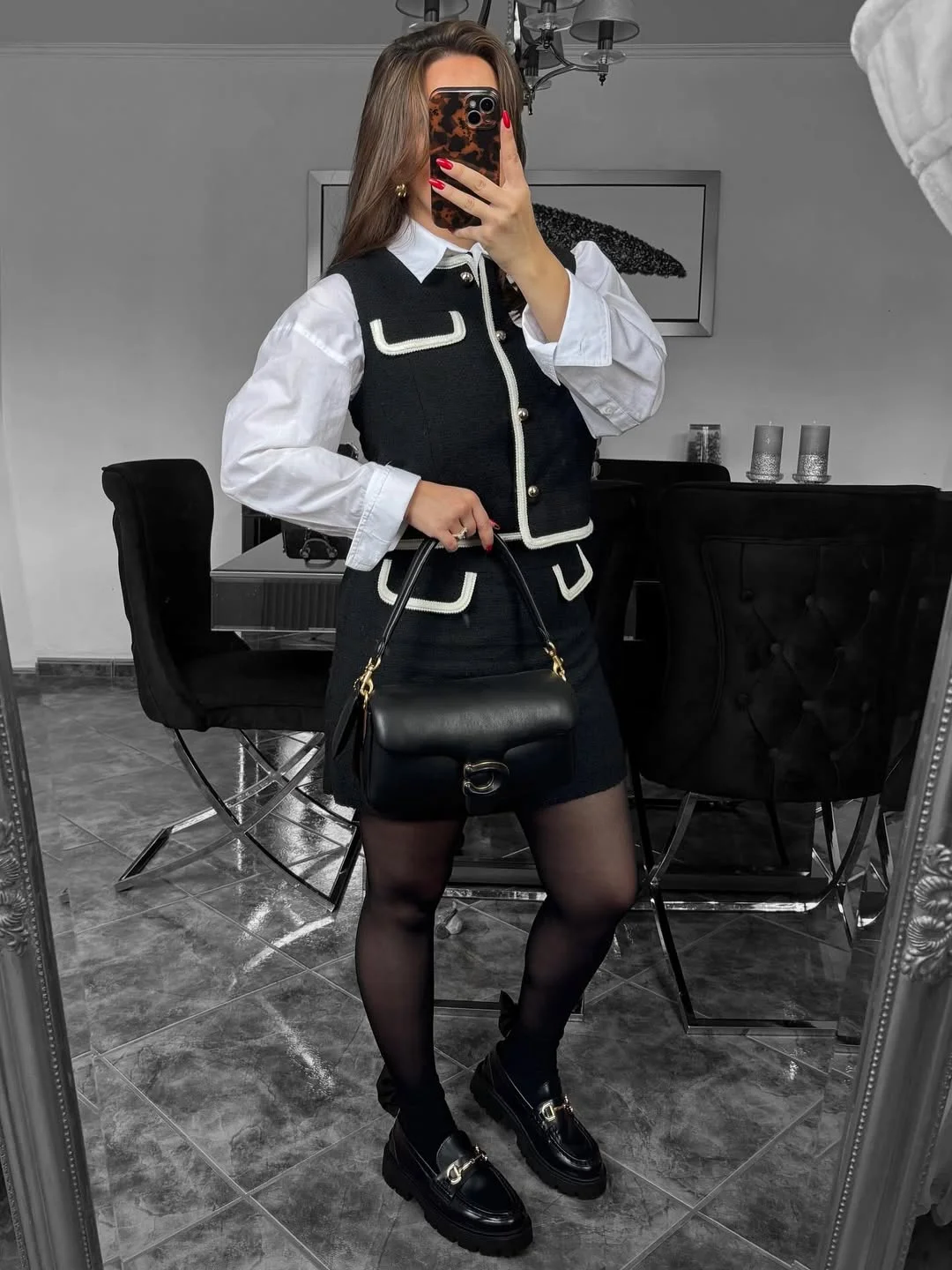 fall outfits with tights and skirt 2026 Preppy Black and White With Modern Schoolgirl Energy