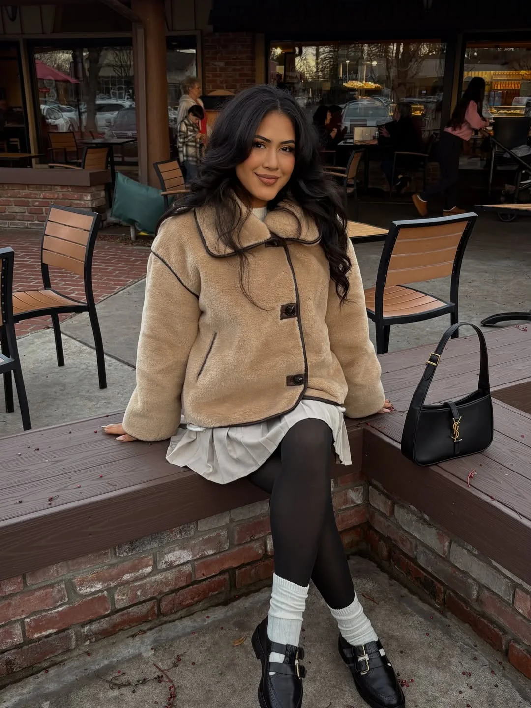fall outfits with tights and skirt 2026 Cozy Teddy Textures With a Feminine Pleated Skirt