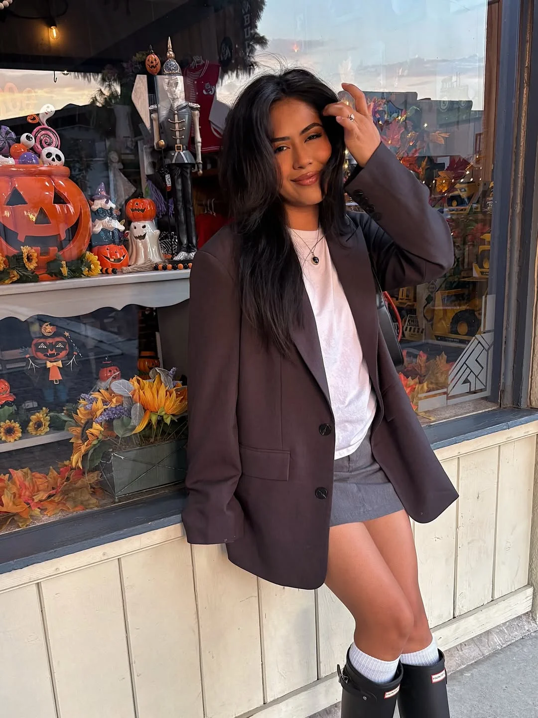 fall outfits with tights and skirt 2026 Oversized Blazers and Mini Skirts for Warm Autumn Days