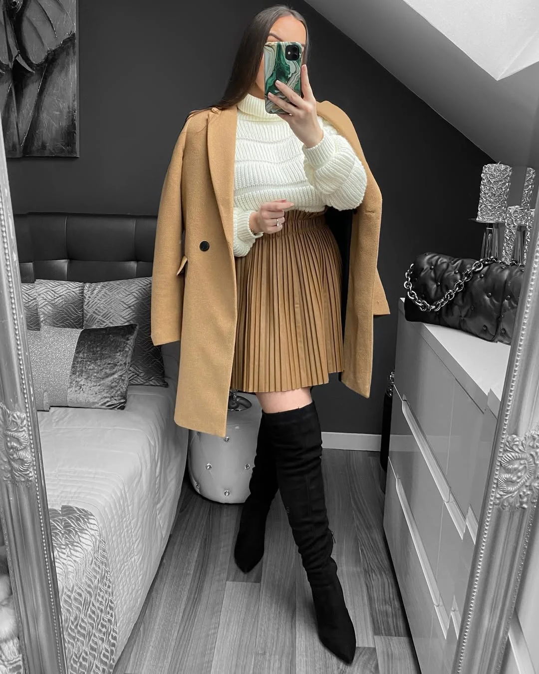 fall outfits with tights and skirt 2026 Camel Pleats and Knee-High Boots for Timeless Elegance