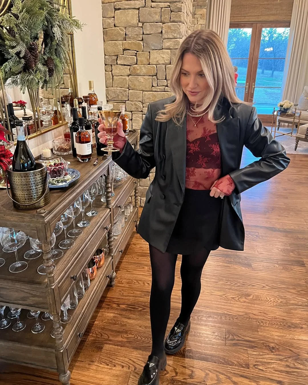 fall outfits with tights and skirt 2026 Dark Romance With Tights Loafers and a Leather Blazer