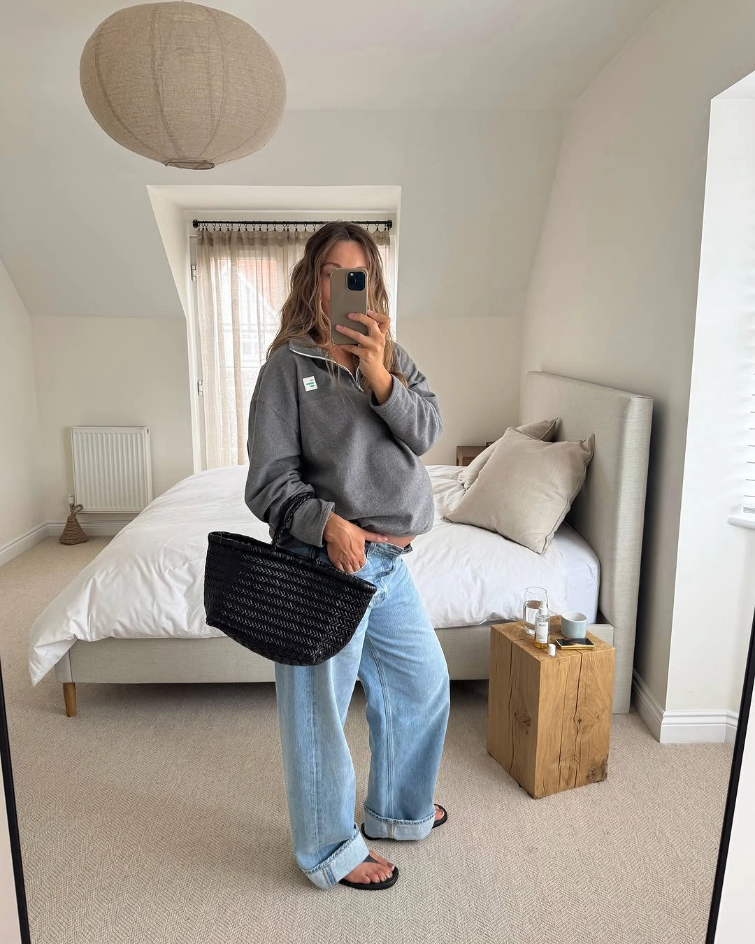 fall pregnancy outfits 2026 The Oversized Half-Zip and Relaxed Denim Formula I
