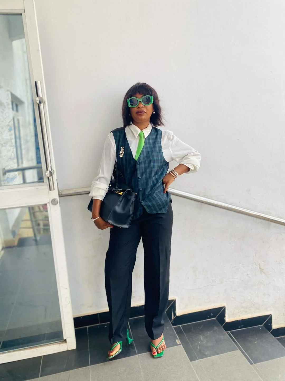 fall vest outfits for women 2026 Classic Plaid Suit Vest with a Fresh Pop of Green