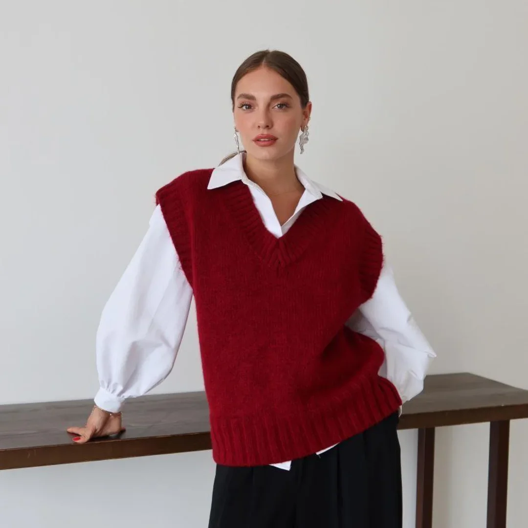 fall vest outfits for women 2026 A Bold Red Sweater Vest That Brightens Gray Days
