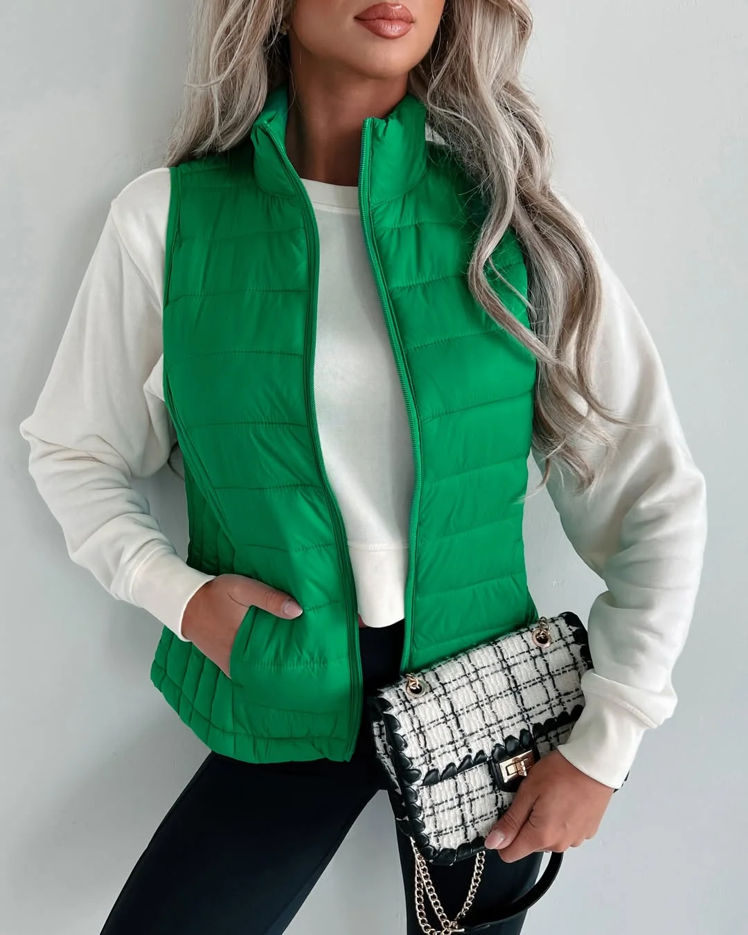 fall vest outfits for women 2026 Bright Green Quilted Vest That Instantly Refreshes Fall Basics