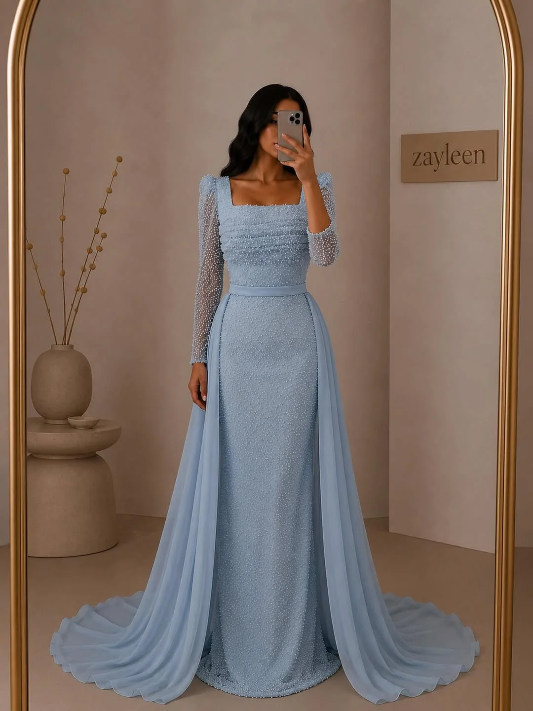 fall wedding guest dress 2026 Ice Blue Long Sleeve Glamour For Black Tie Evenings