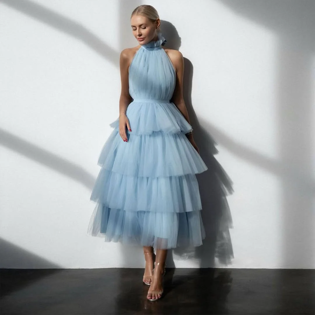 fall wedding guest dress 2026 Ice Blue Tulle Layers For Modern Black Tie Weddings
