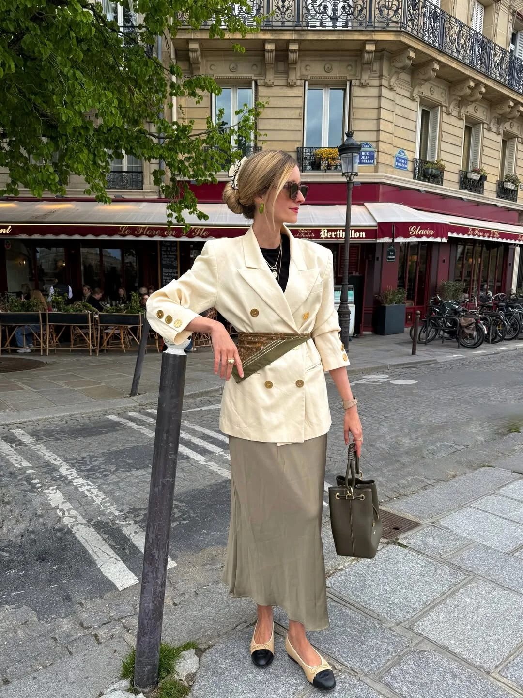 fall work outfits 2026 Cream Blazer And Satin Skirt With Parisian Energy