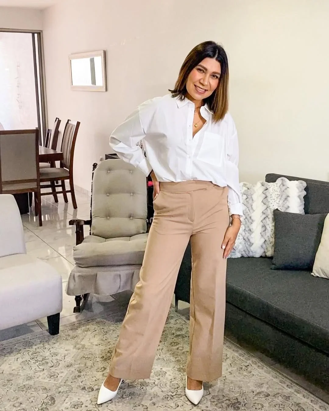 fall work outfits 2026 Classic White Shirt With Tailored Neutral Trousers
