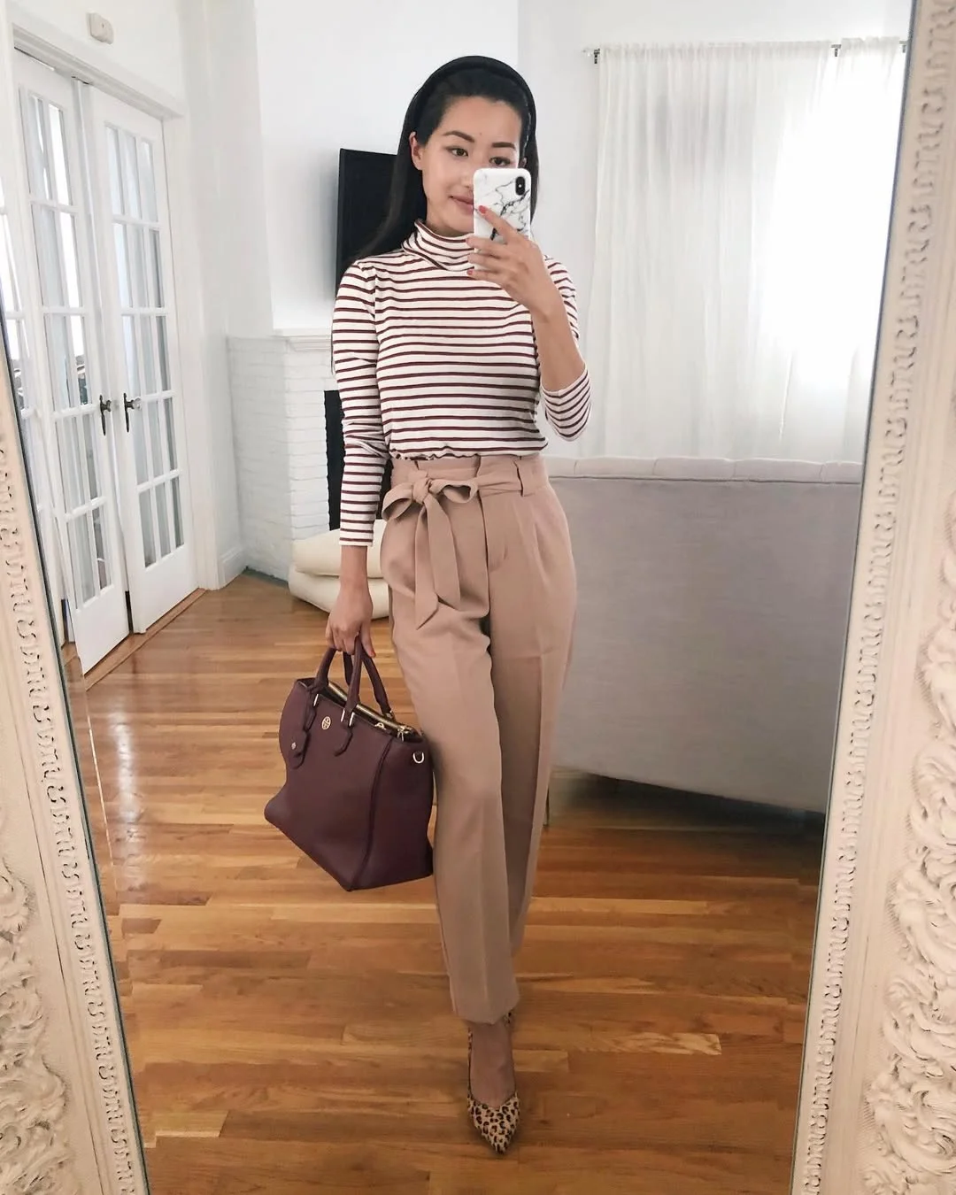 fall work outfits 2026 Striped Turtleneck And Tie-Waist Trousers