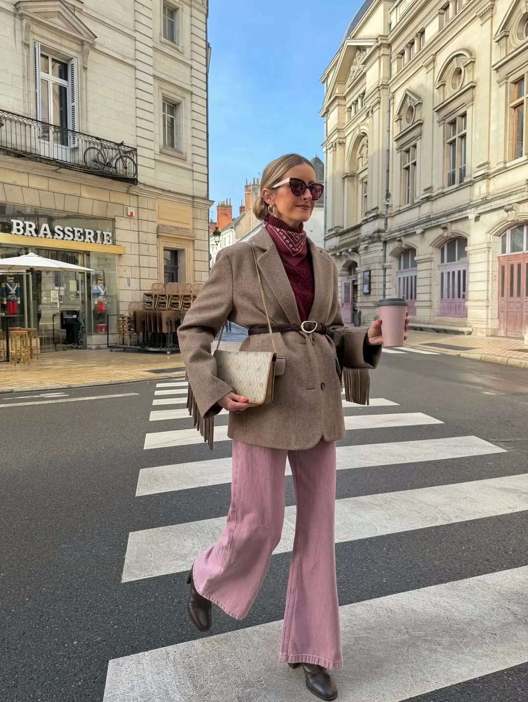 fall work outfits 2026 Soft Pink Trousers With A Belted Blazer