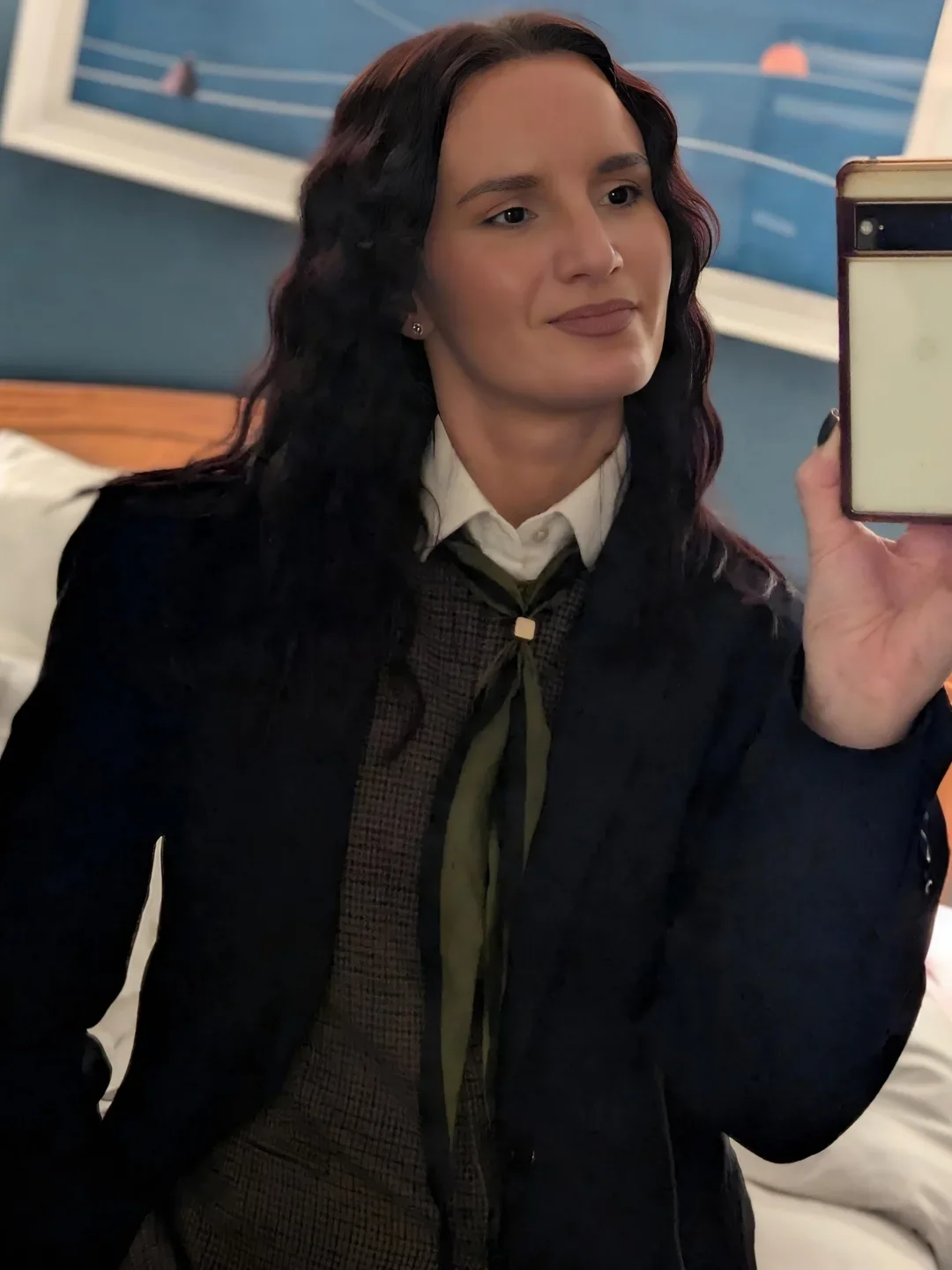 fall work outfits 2026 Dark Tailoring With A Soft Tie Detail