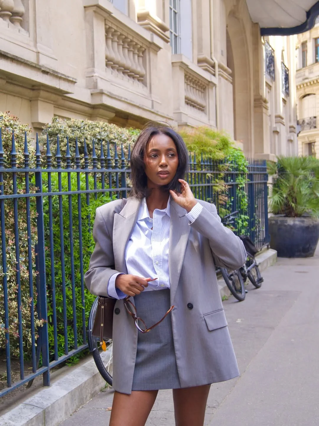 fall work outfits 2026 Grey Mini Skirt Tailoring With Sharp Office Layers