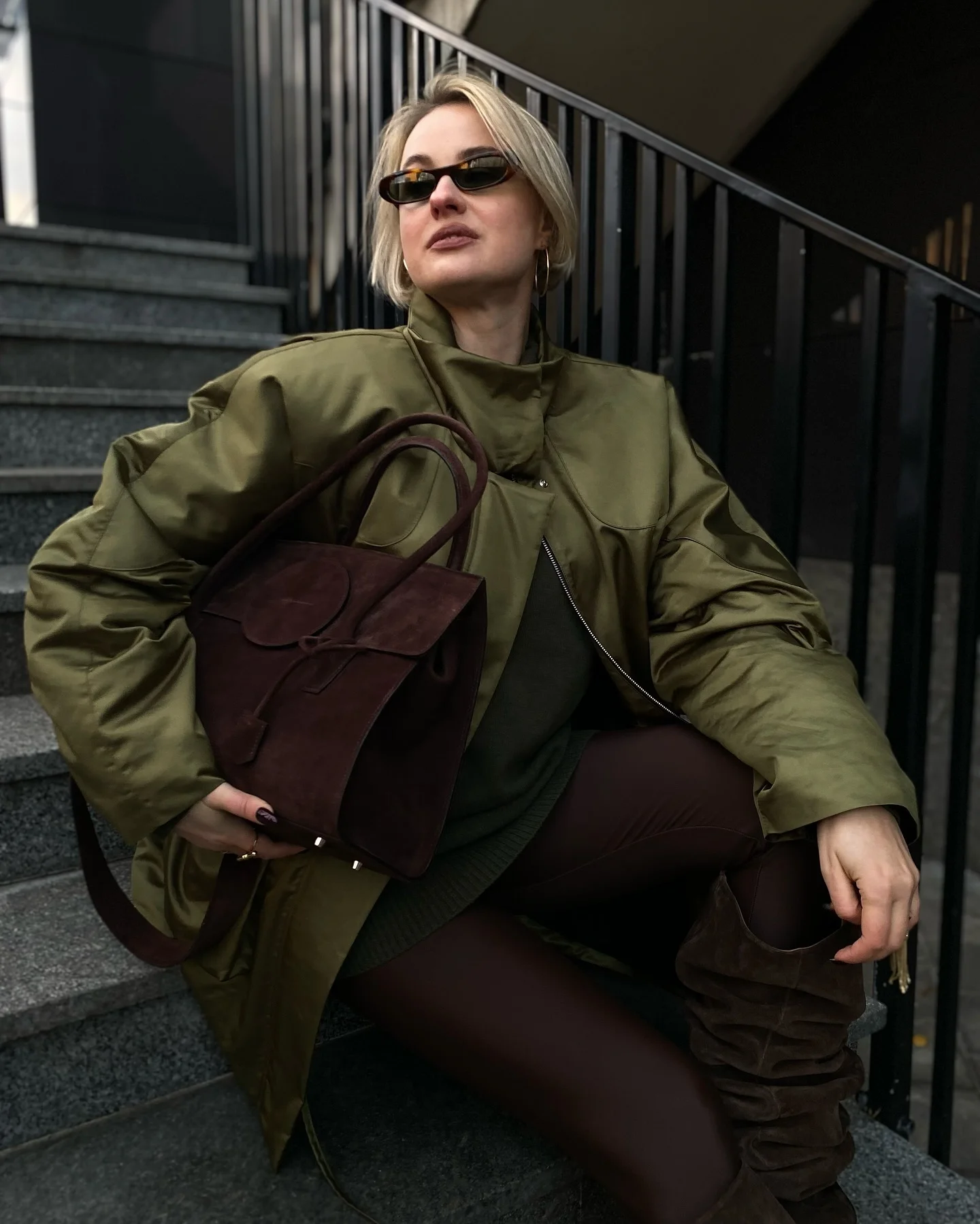 must have fall outfits 2026 Olive Utility Layers with Rich Chocolate Accessories