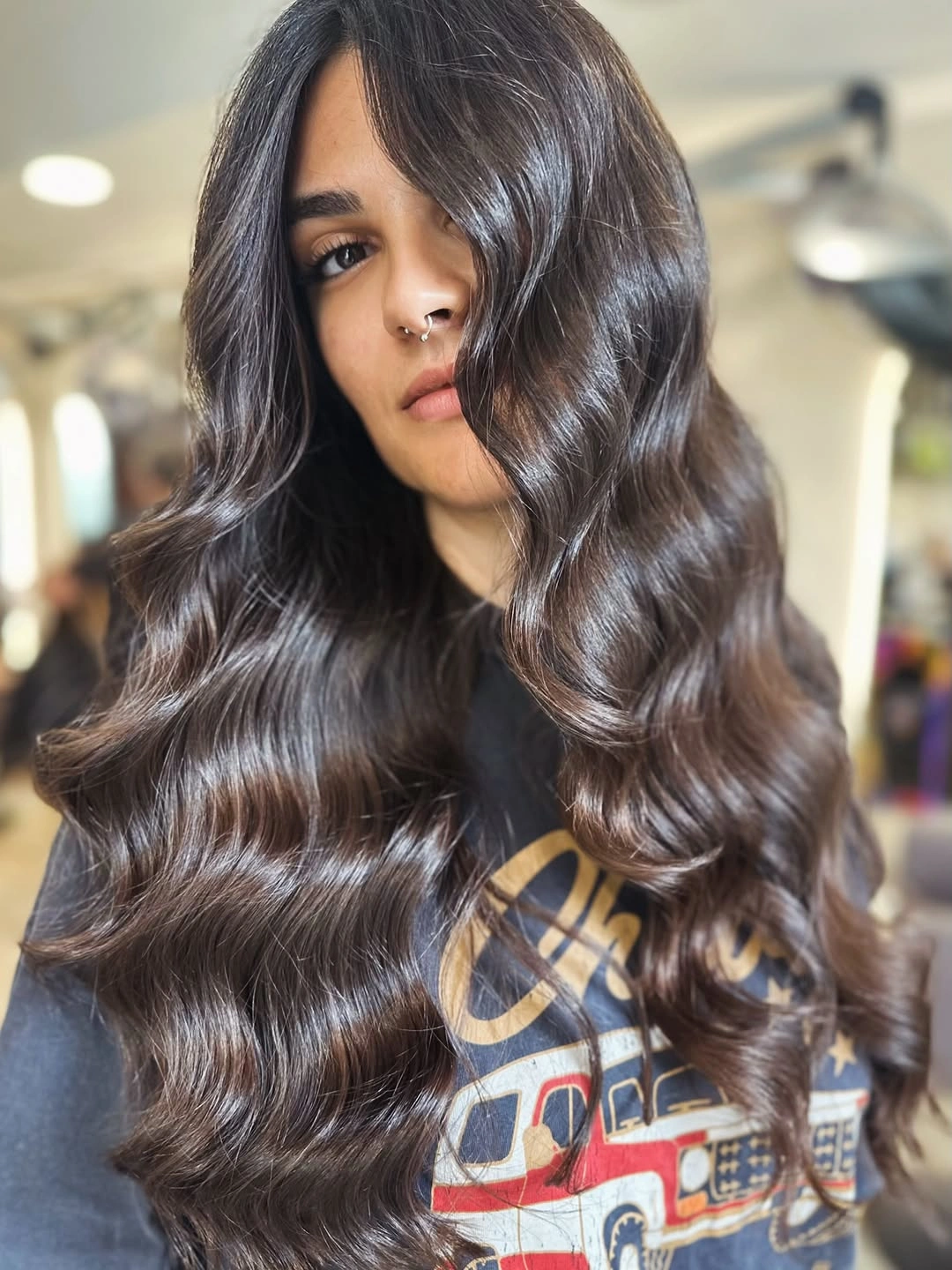 august hairstyles and color ideas 2026 Dark Chocolate Waves With Mirror-Like Shine