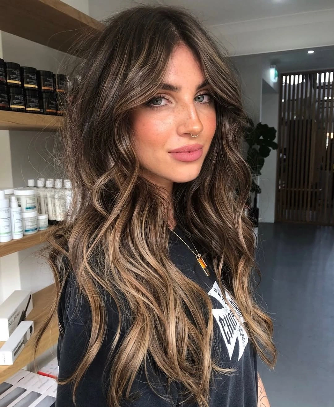 august hairstyles and color ideas 2026 Chocolate Brunette Waves With Caramel Summer Highlights
