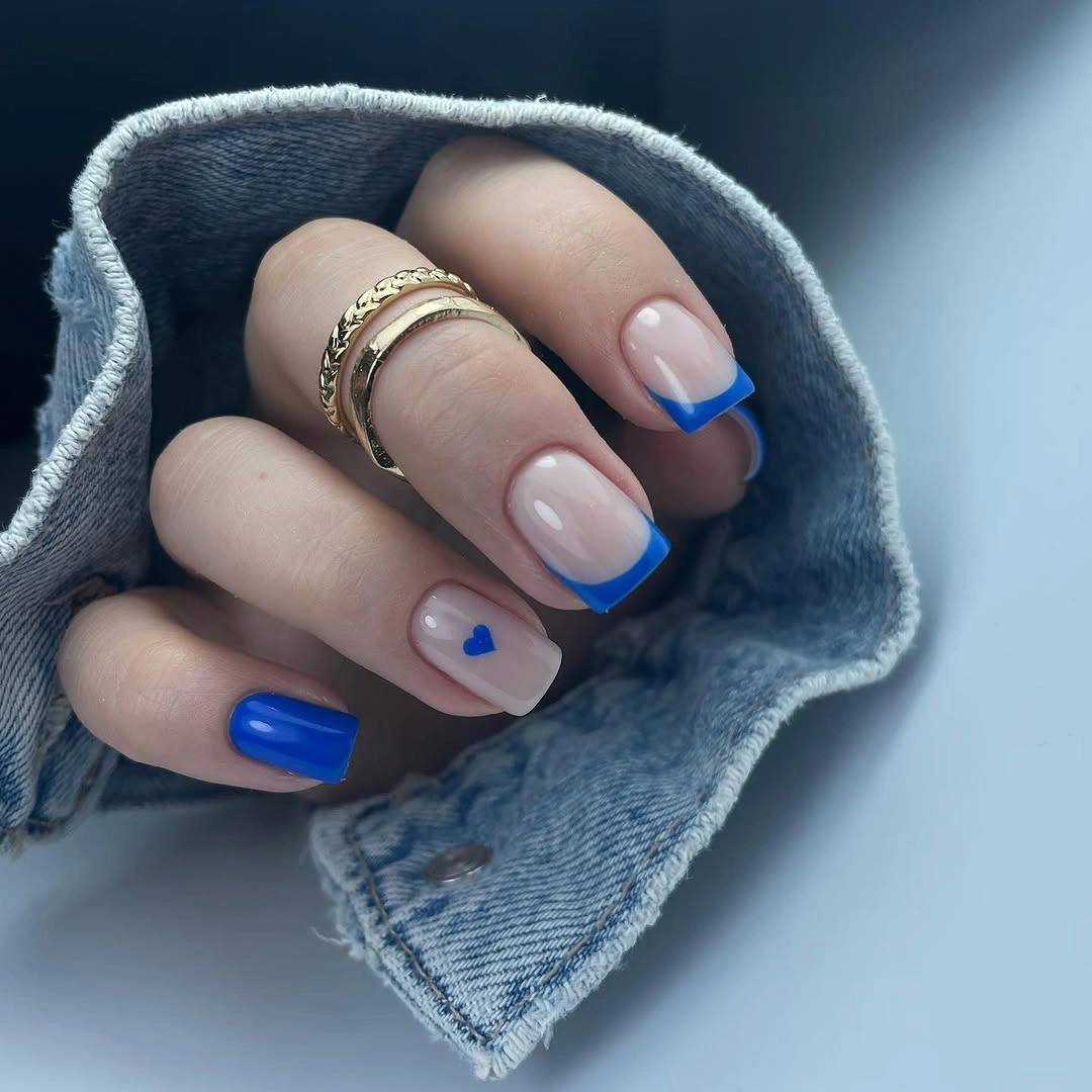 august nails color 2026 Electric Blue French Tips with a Sweet Minimalist Accent