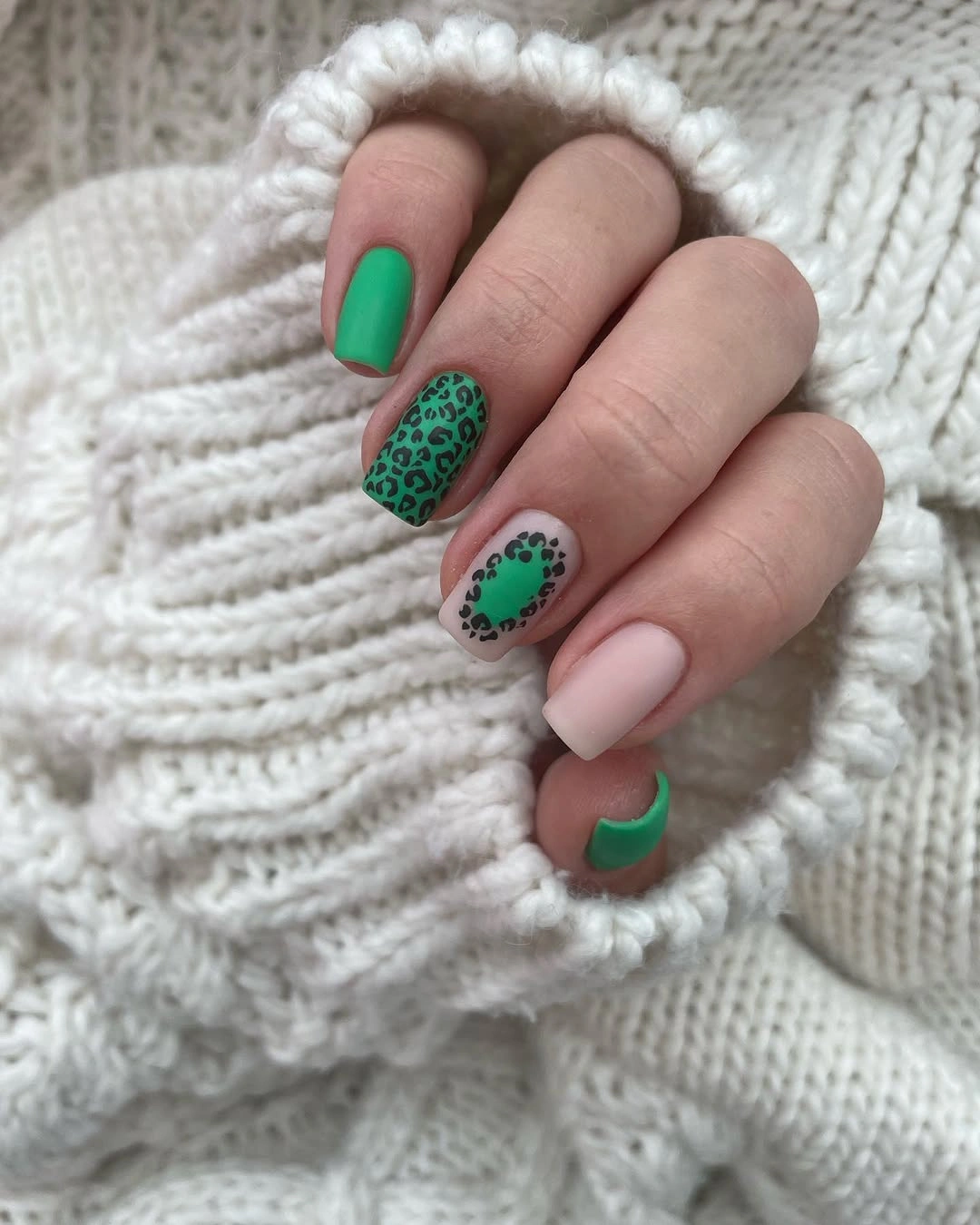 august nails color 2026 Matte Green Leopard Nails for a Bold Contemporary Finish