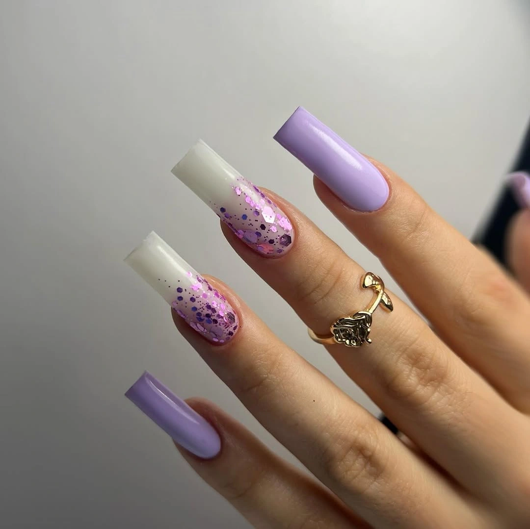 august nails ideas 2026 Lavender Nails with Glitter That Feel Soft and Modern