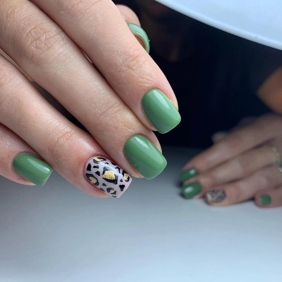 august nails ideas 2026 Fresh Sage Green Nails with Modern Animal Accents