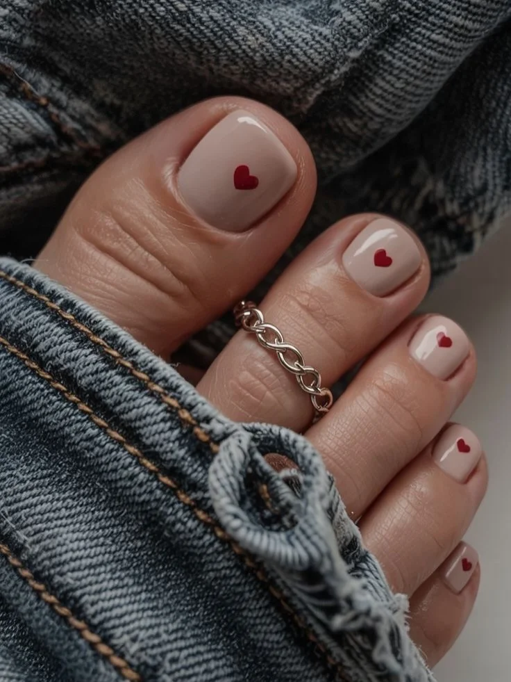 august pedicure nails ideas 2026 Romantic Nude Pedicure With Tiny Red Heart Details