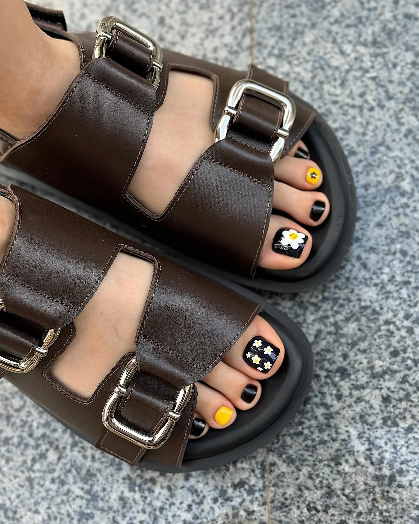 august pedicure nails ideas 2026 Black Daisy Pedicure With A Cute Retro Summer Feeling