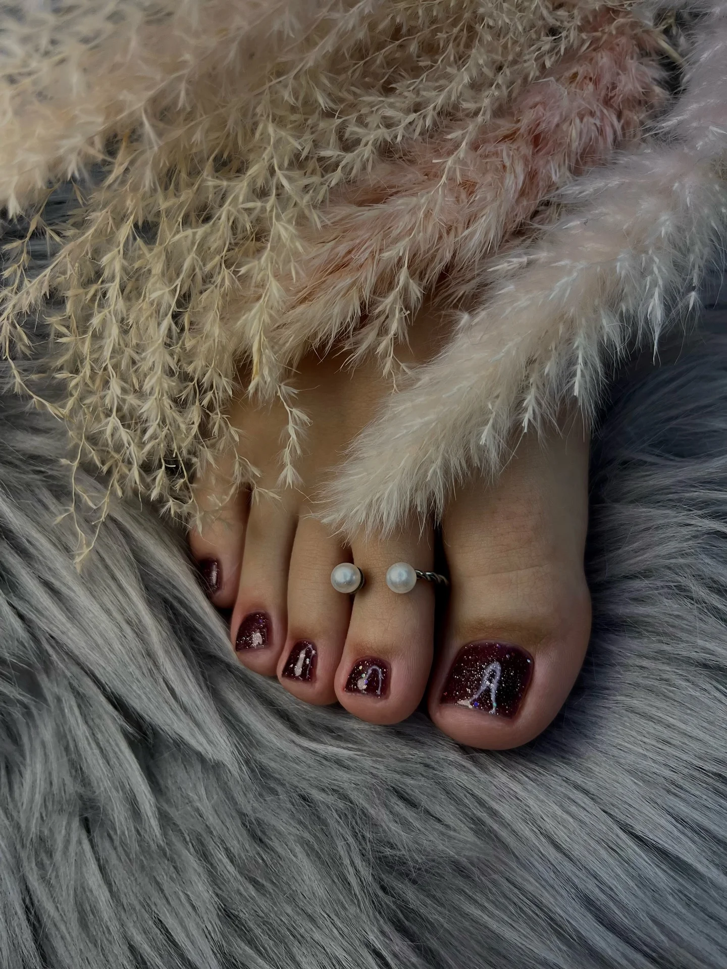 august toe nails 2026 Burgundy Glitter Toe Nails With A Soft Evening Sparkle