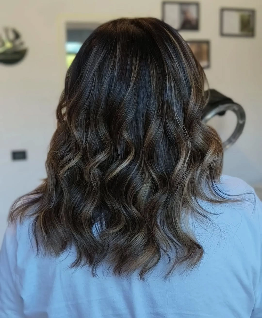 babylights hair ideas Smoky Brunette Lob with Cool Ash Babylights