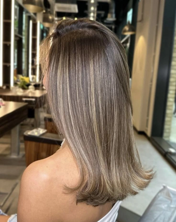 babylights hair ideas Straight Mushroom Brown Lob with Fine Blonde Ribbons