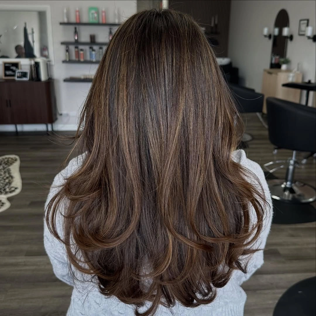 babylights hair ideas Warm Brunette Layers with Caramel Babylights