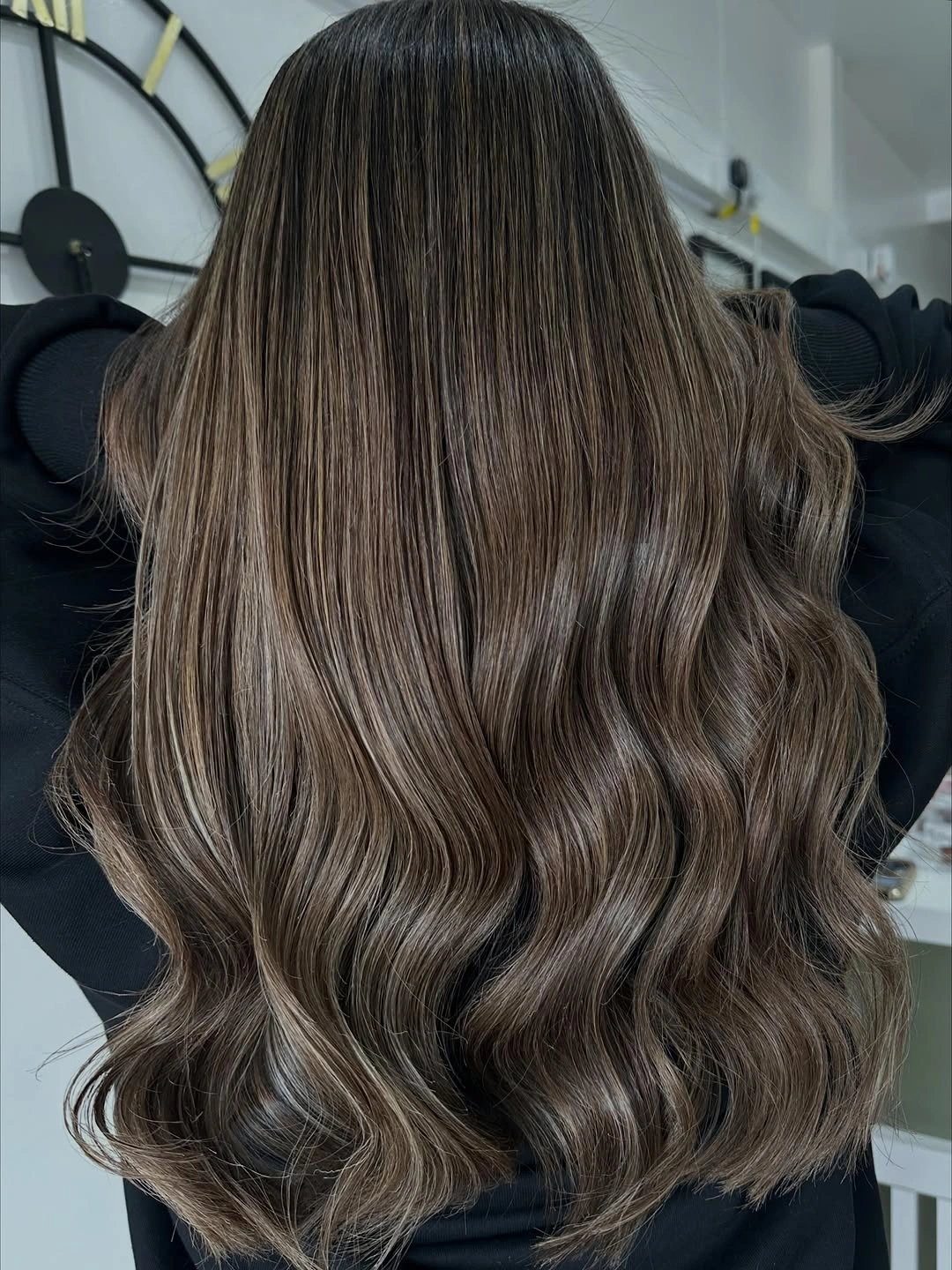 babylights hair ideas Long Espresso Waves with Cool Brown Babylights