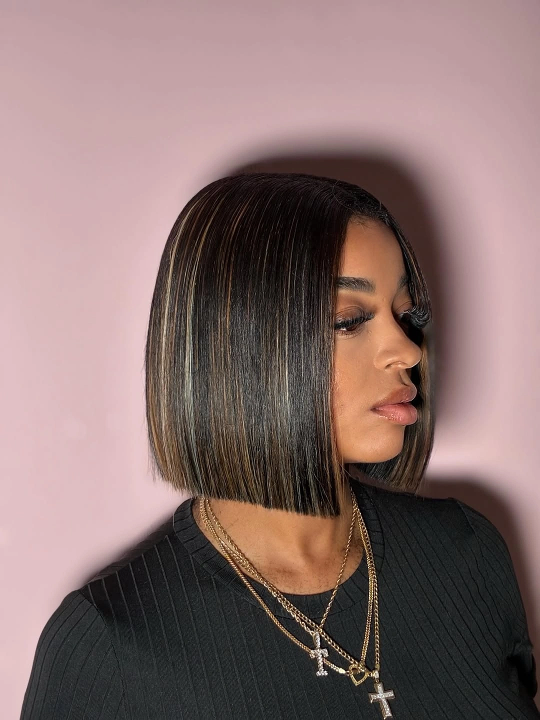 bob hairstyles for black women Glossy Blunt Bob with Soft Caramel Dimension