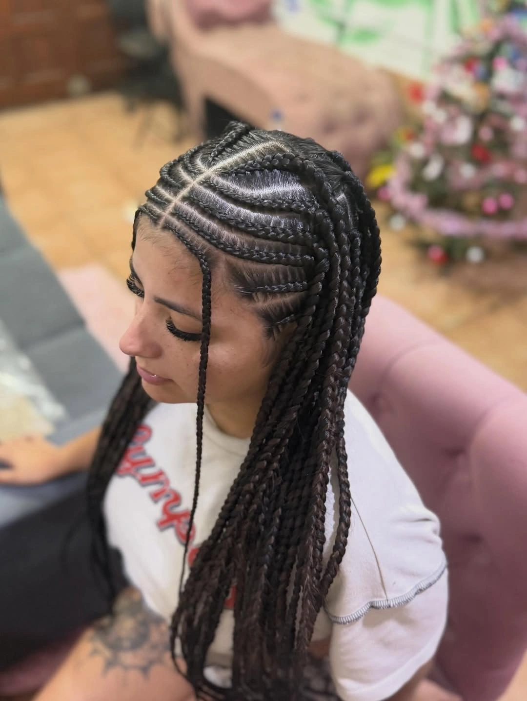 bora bora braids hairstyle Geometric Knotless Bora Bora Braids with Side-Swept Design