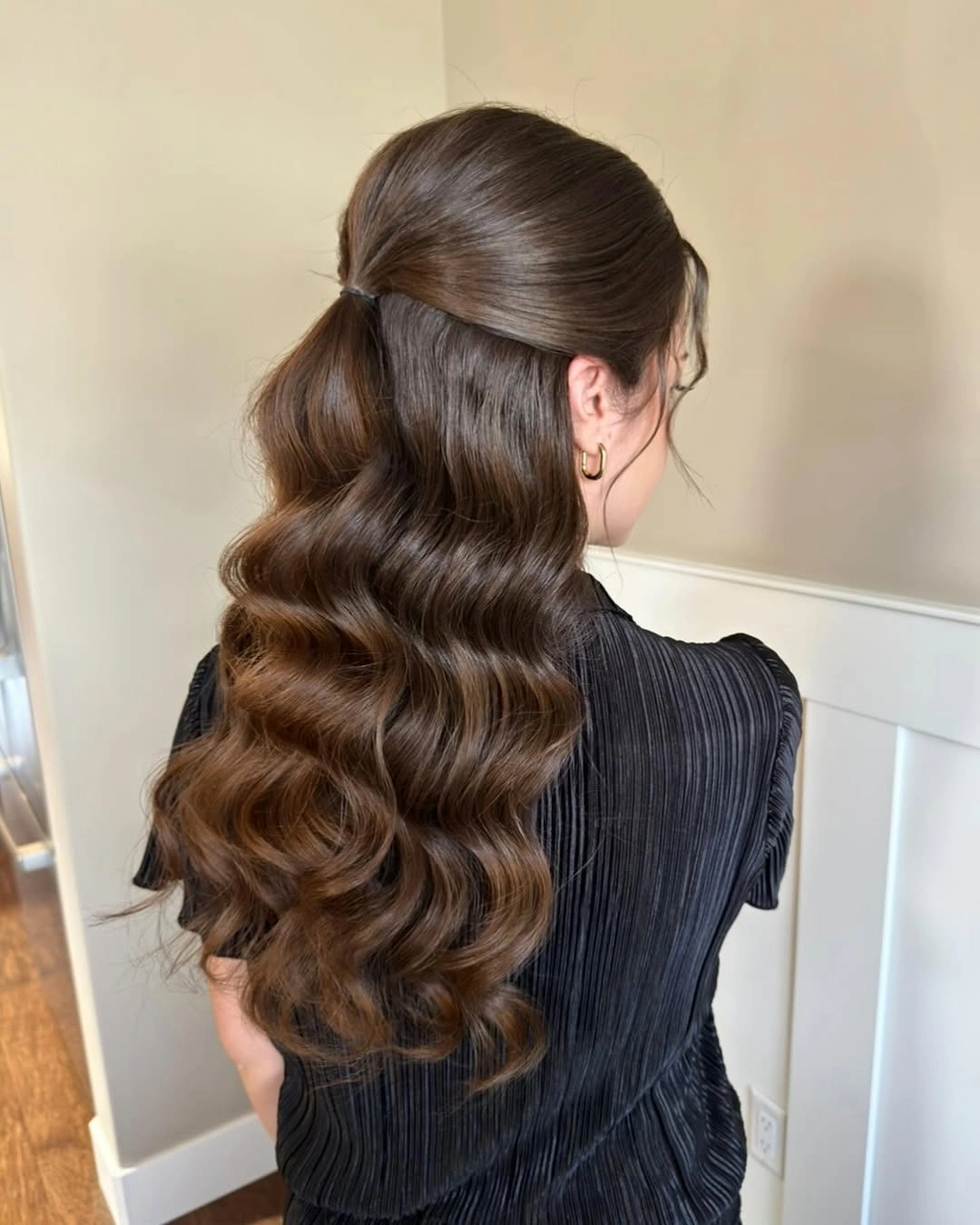 bridesmaid hairstyling Classic Half-Up Waves with Soft Dimension