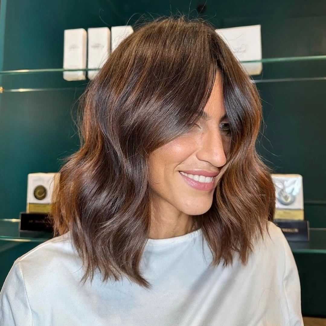 chestnut brown hair color Soft Wavy Lob with Glossy Chestnut Dimension