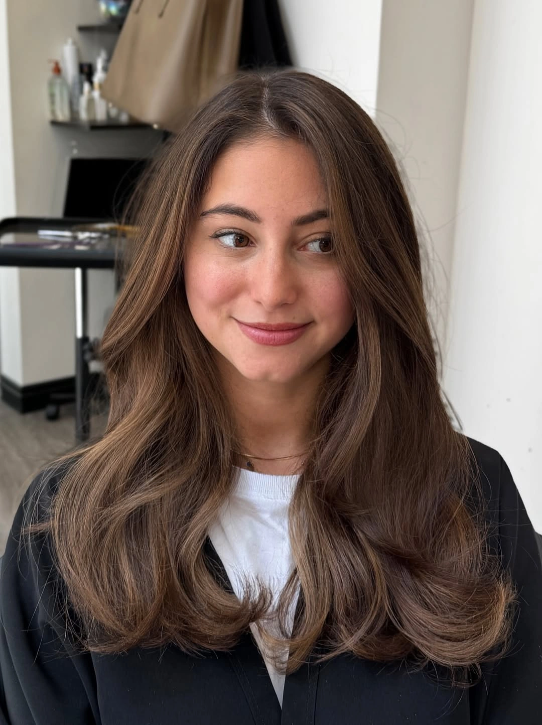 chestnut brown hair color Soft Chestnut Blowout with Natural Dimension