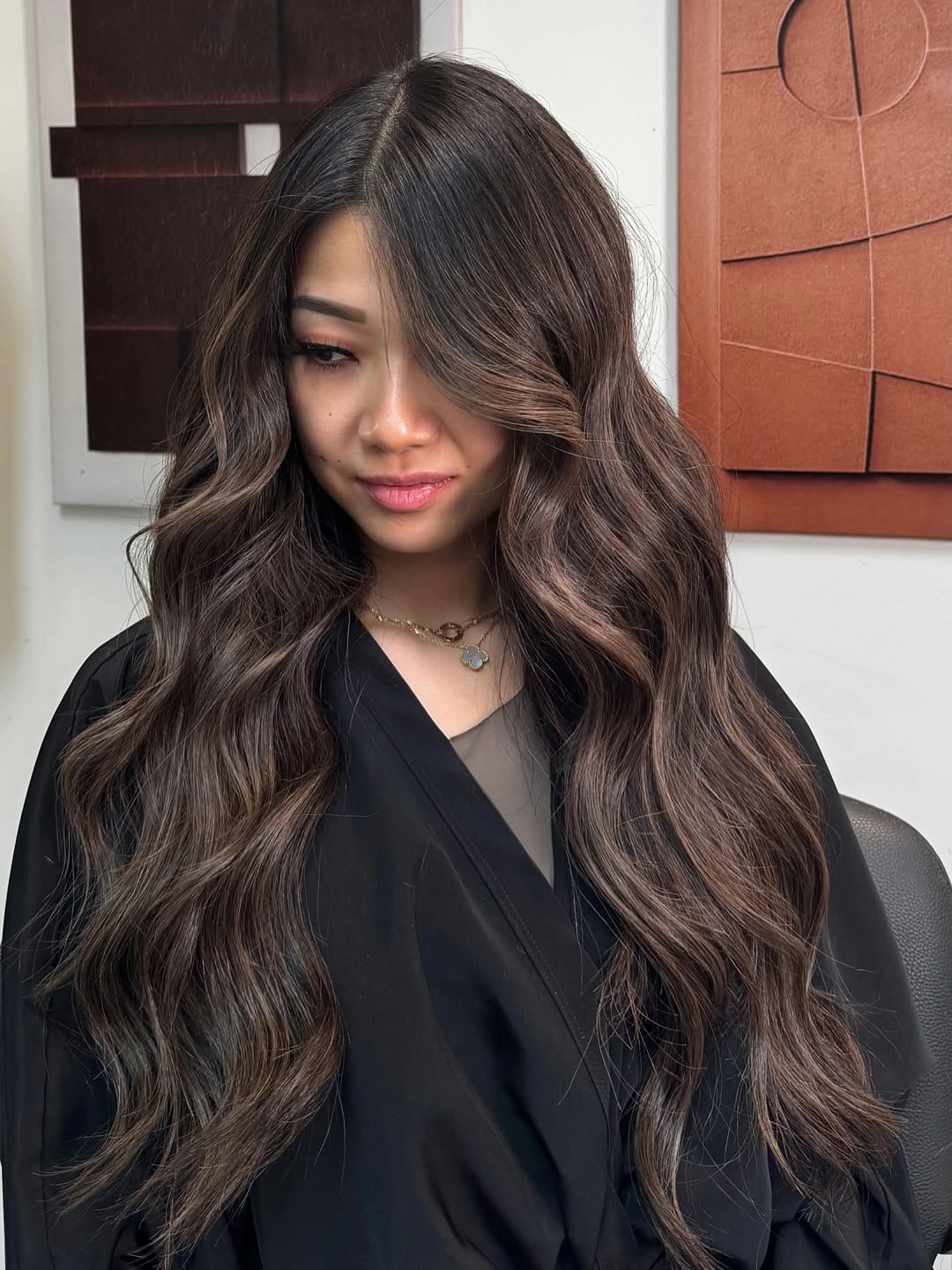chestnut brown hair color Long Flowing Waves with Cool Chestnut Ribbons